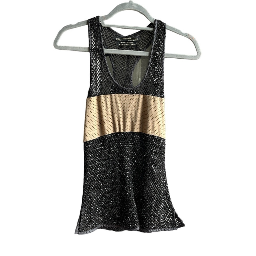 All Saints | Hand Crochet Black and Beige Sparkle Tank Top Sz 2